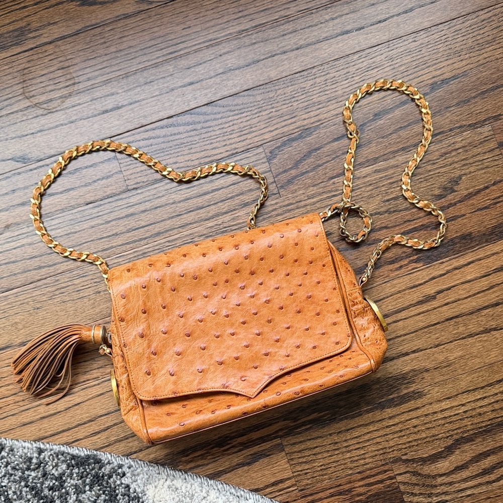 vintage luc benoit camel ostrich leather shoulder bag with a gold chain strap